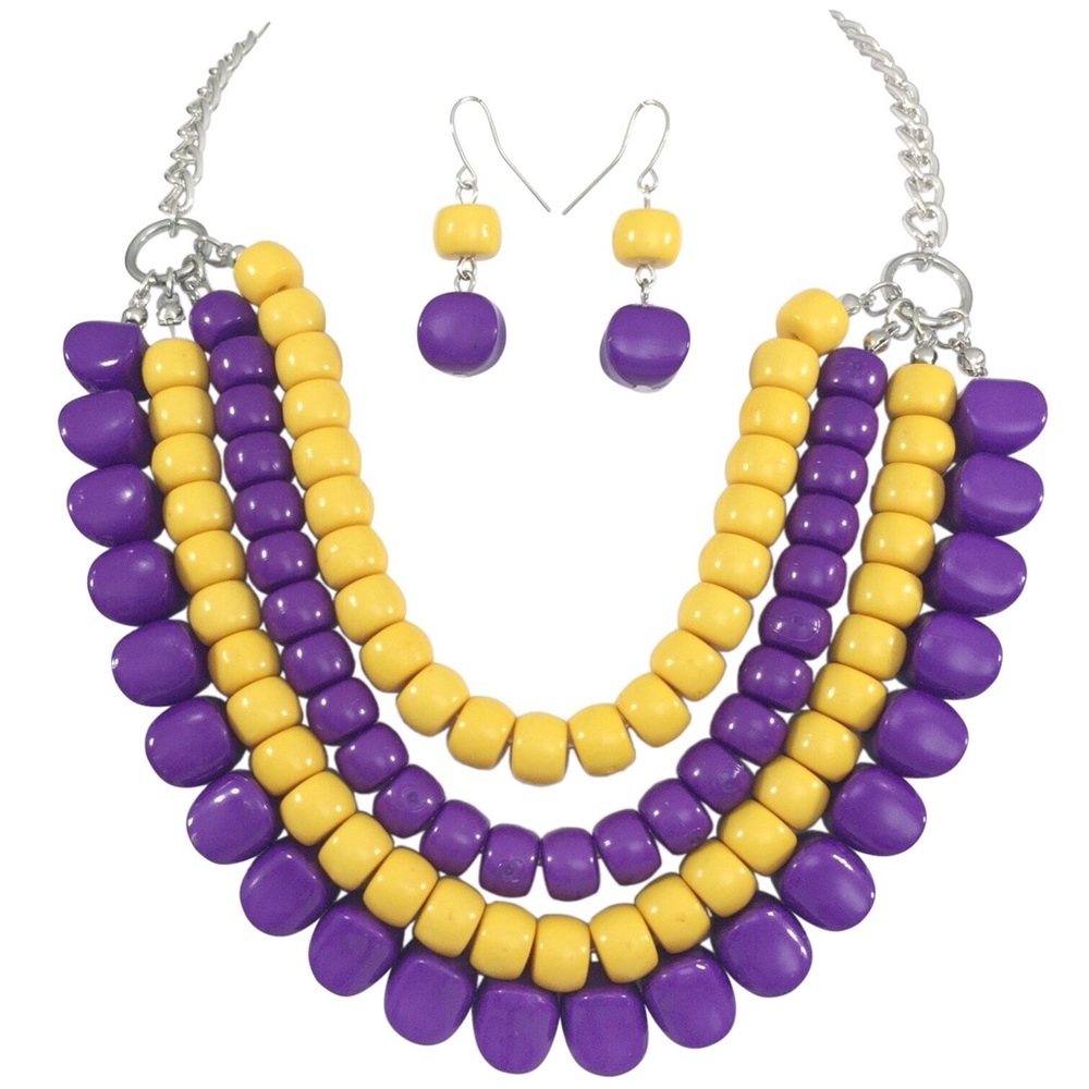 Layered Yellow Purple Beaded Necklace Earrings Set